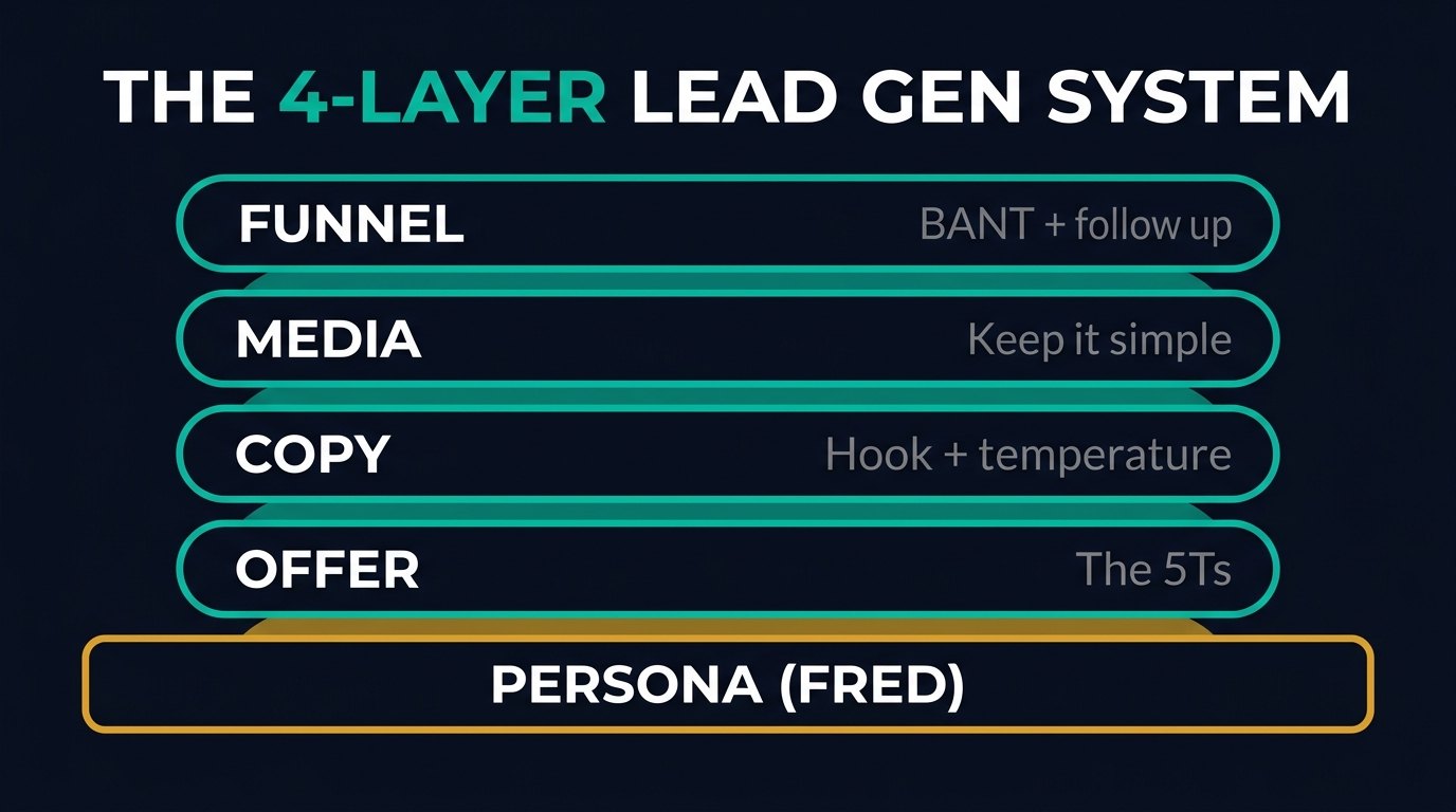 The four layers of a B2B lead gen system: offer, copy, media, and funnel