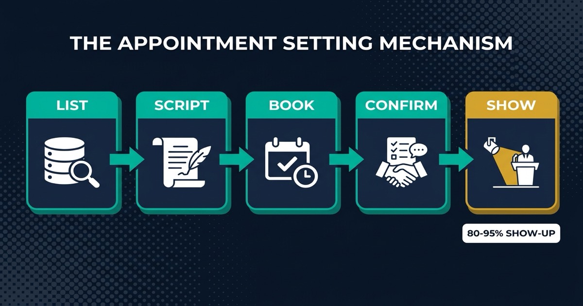 The UAE appointment setting mechanism: a tight target list feeds a BANT qualification script, which books a live calendar slot, followed by a warm-up protocol of confirmation and WhatsApp reminders that lifts show-up rates to 80 to 95 percent.