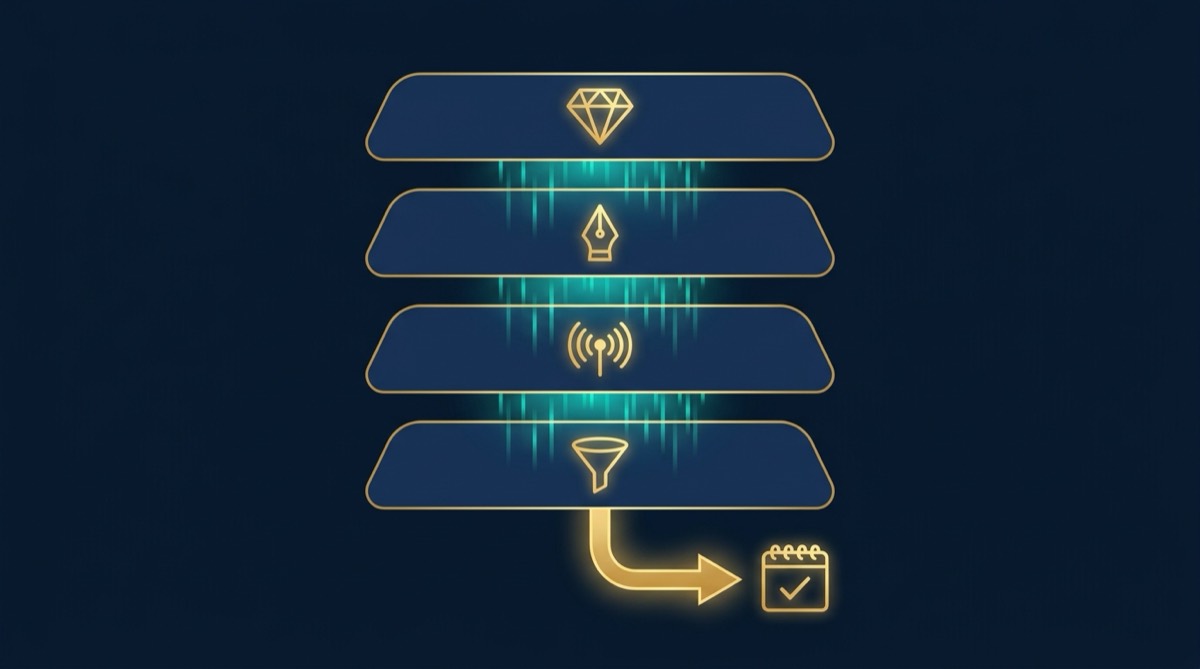 The complete B2B lead generation system for the GCC: a persona foundation under four layers, Offer, Copy, Media, and Funnel, feeding BANT qualification, booked meetings, and WhatsApp follow-up.