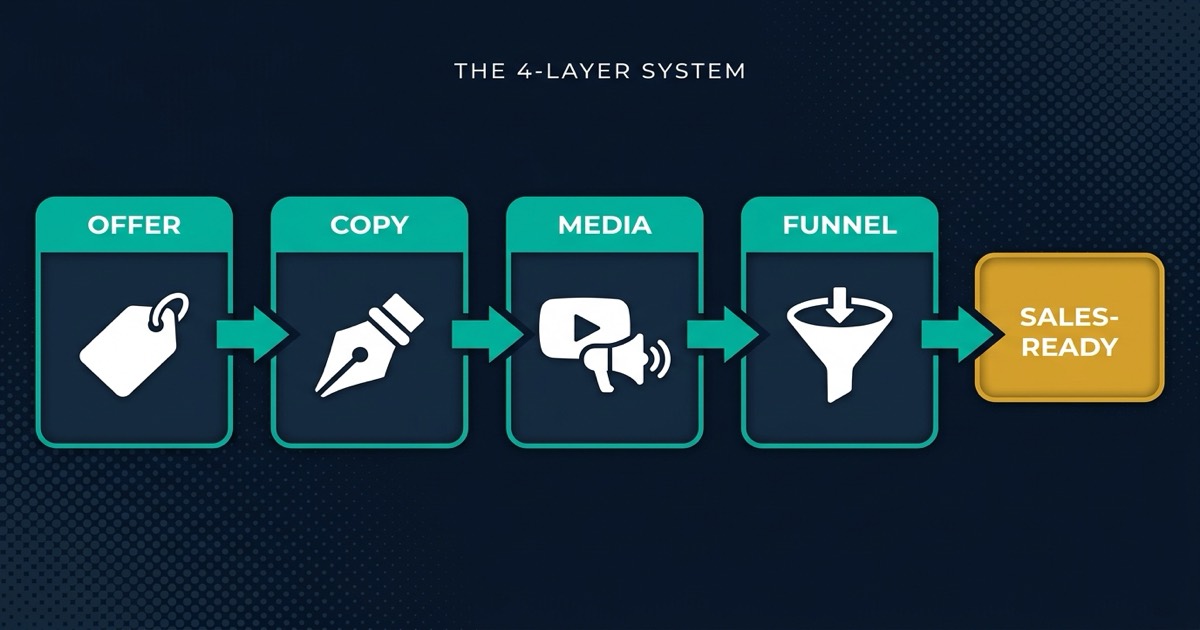 The four-layer B2B lead generation system for Saudi Arabia: an engineered offer feeds Triple Hook copy, which feeds consolidated media buying, which feeds a BANT qualification funnel that sends only sales-ready accounts to the sales team.