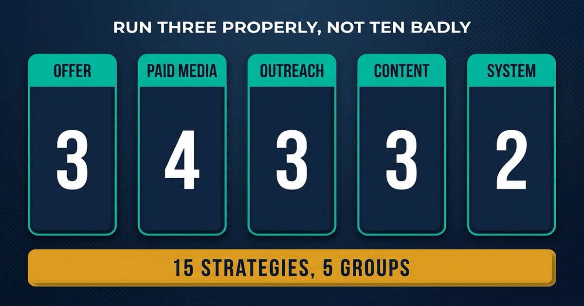 Fifteen B2B lead generation strategies for the GCC grouped into five sets: offer and positioning (3), paid media (4), outreach and WhatsApp follow-up (3), content and authority (3), and the qualification system underneath (2).