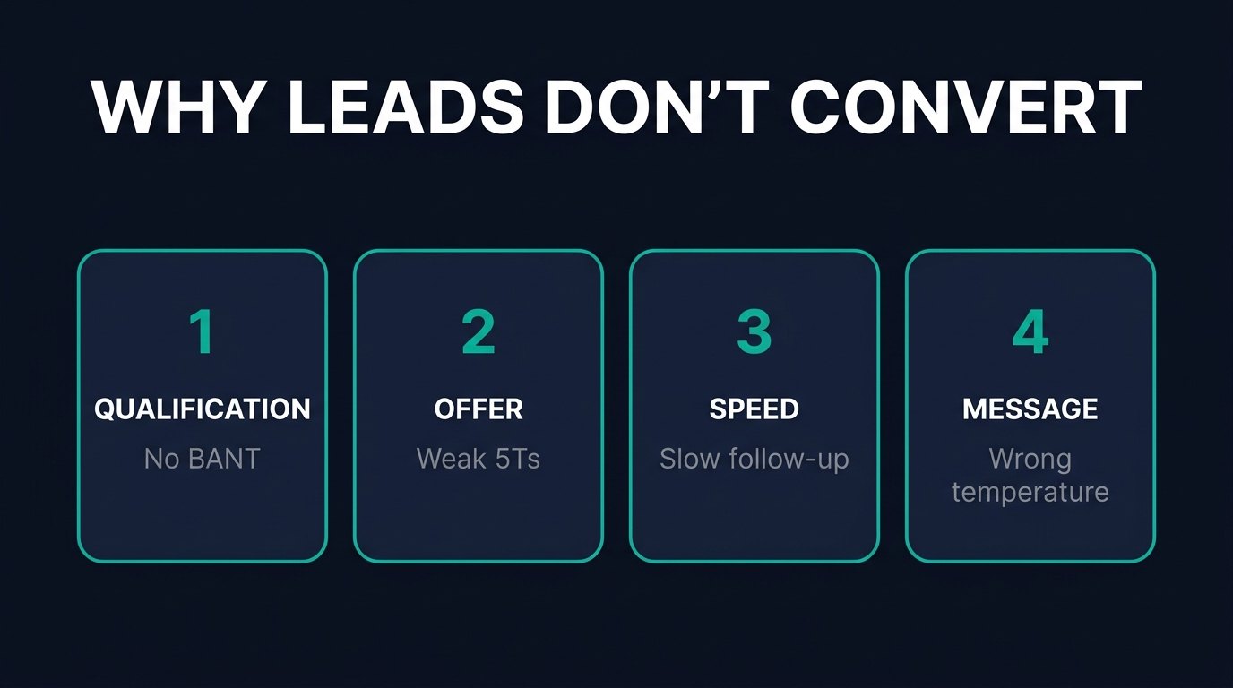 Four reasons B2B leads do not convert: qualification, offer, speed, and message