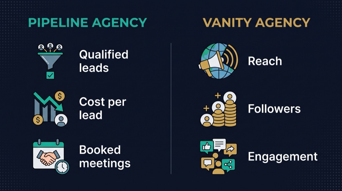 Two columns comparing a pipeline agency and a vanity agency: pipeline reports qualified leads, cost per lead, and booked meetings, while vanity reports reach, followers, and engagement.