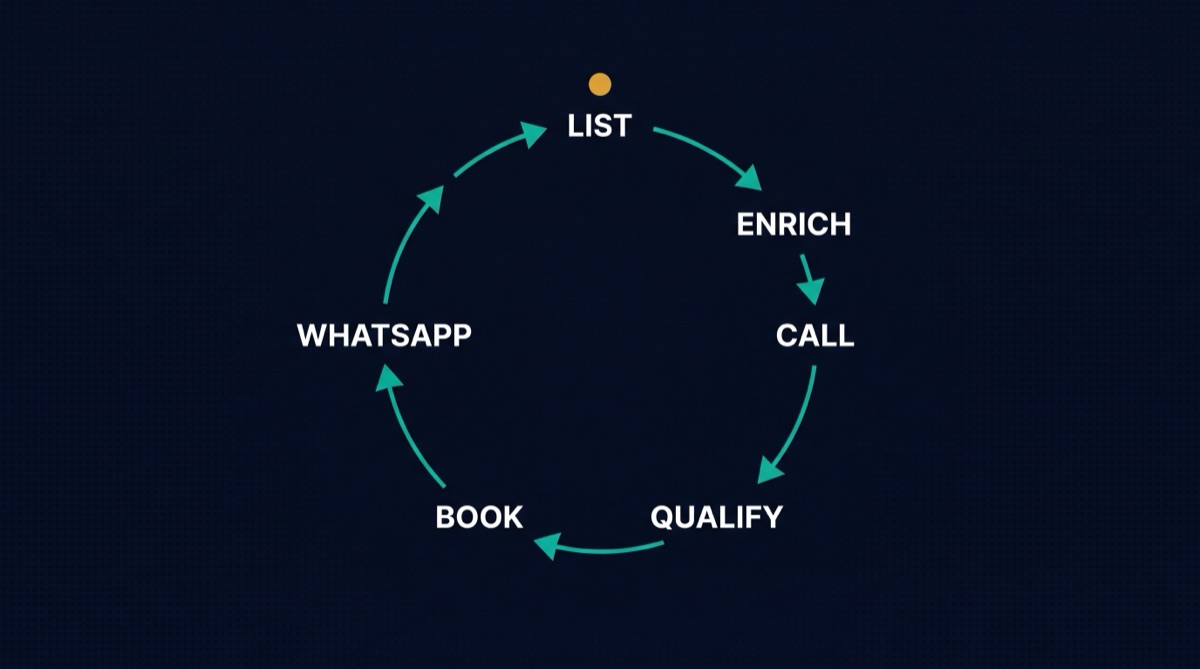 The B2B cold outreach loop for the GCC: build the list in Sales Navigator, enrich with Apollo and Lusha, call with a pattern interrupt, qualify with BANT, book the meeting, and follow up on WhatsApp.