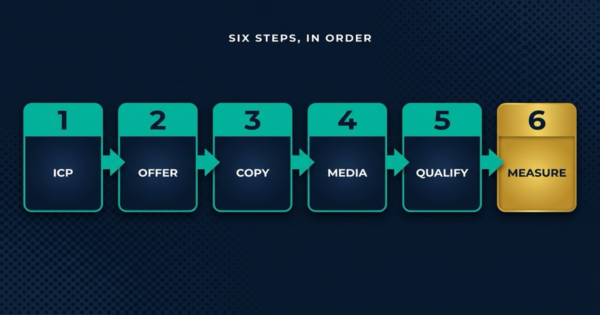 Six-step B2B lead generation process: pick the ICP with FRED, engineer the offer with the 5Ts, write Triple Hook copy, buy consolidated media with 10 to 20 creatives, qualify with BANT in the funnel, then measure cost per closed deal.