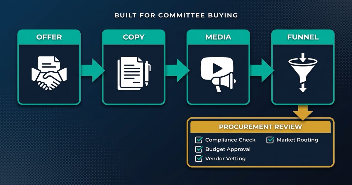 The four-layer lead generation system adapted for Abu Dhabi: an engineered, forwardable offer feeds Triple Hook copy, then consolidated media buying, then a BANT qualification funnel built for committee and procurement-led buying.