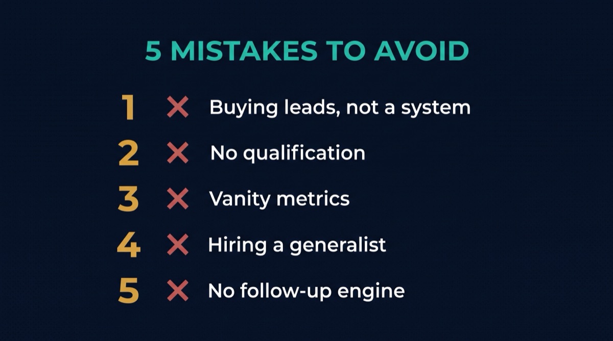 The five mistakes to avoid when hiring a lead generation company in Dubai: buying leads instead of a system, no qualification, vanity metrics, hiring a generalist, and no follow-up engine.