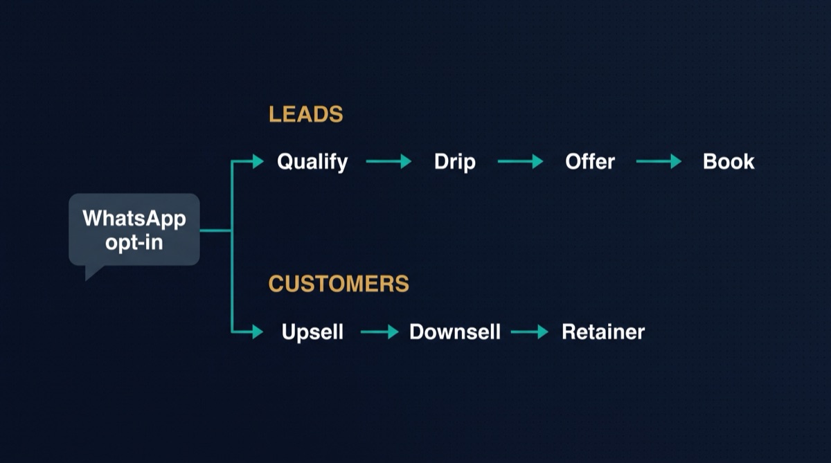 The WhatsApp marketing framework for GCC B2B: one fork splits leads from customers, leads run through qualify, drip, offer, and book, while customers run through upsell, downsell, and retainer offers.
